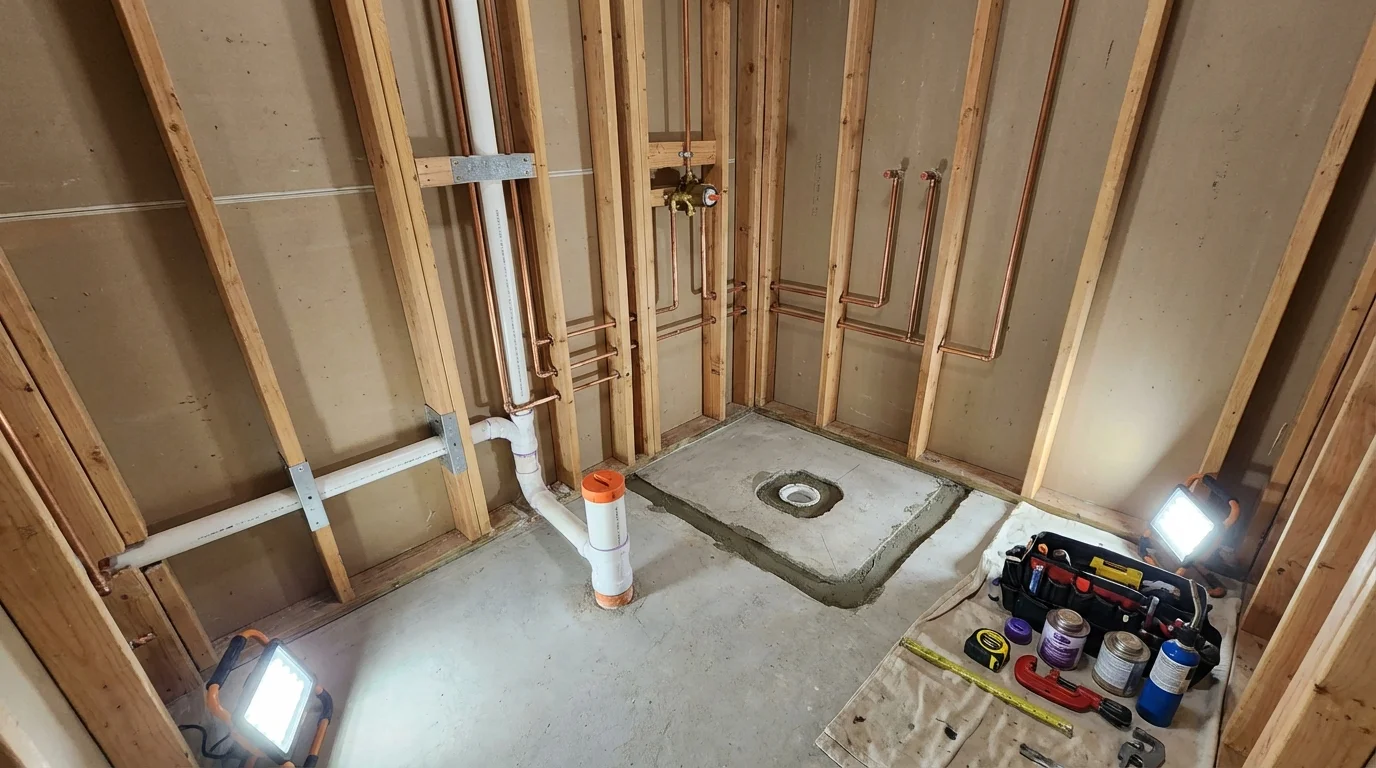 Bathroom rough-in plumbing during remodel by Johns Plumbing LLC in Chicopee