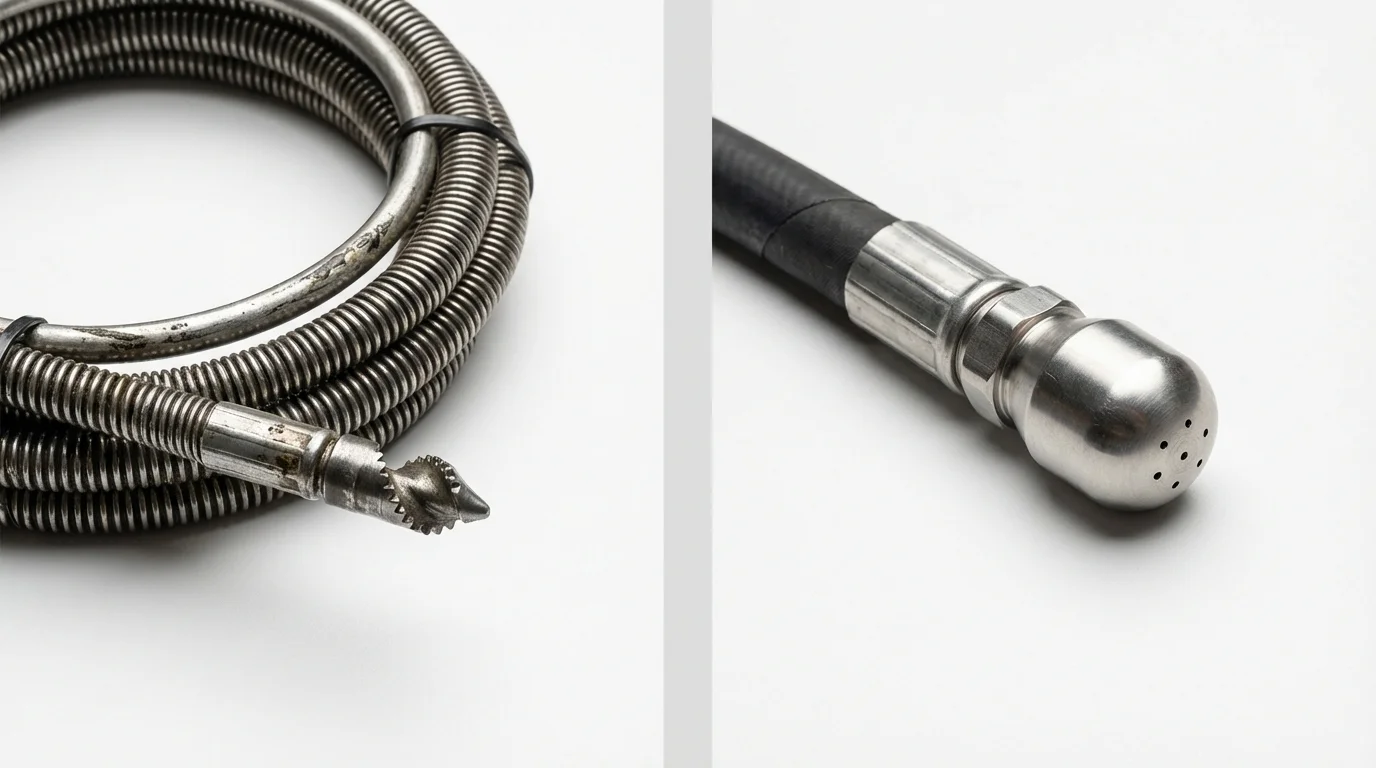 Drain snake cable and hydro jetting nozzle used for drain cleaning in Chicopee, MA