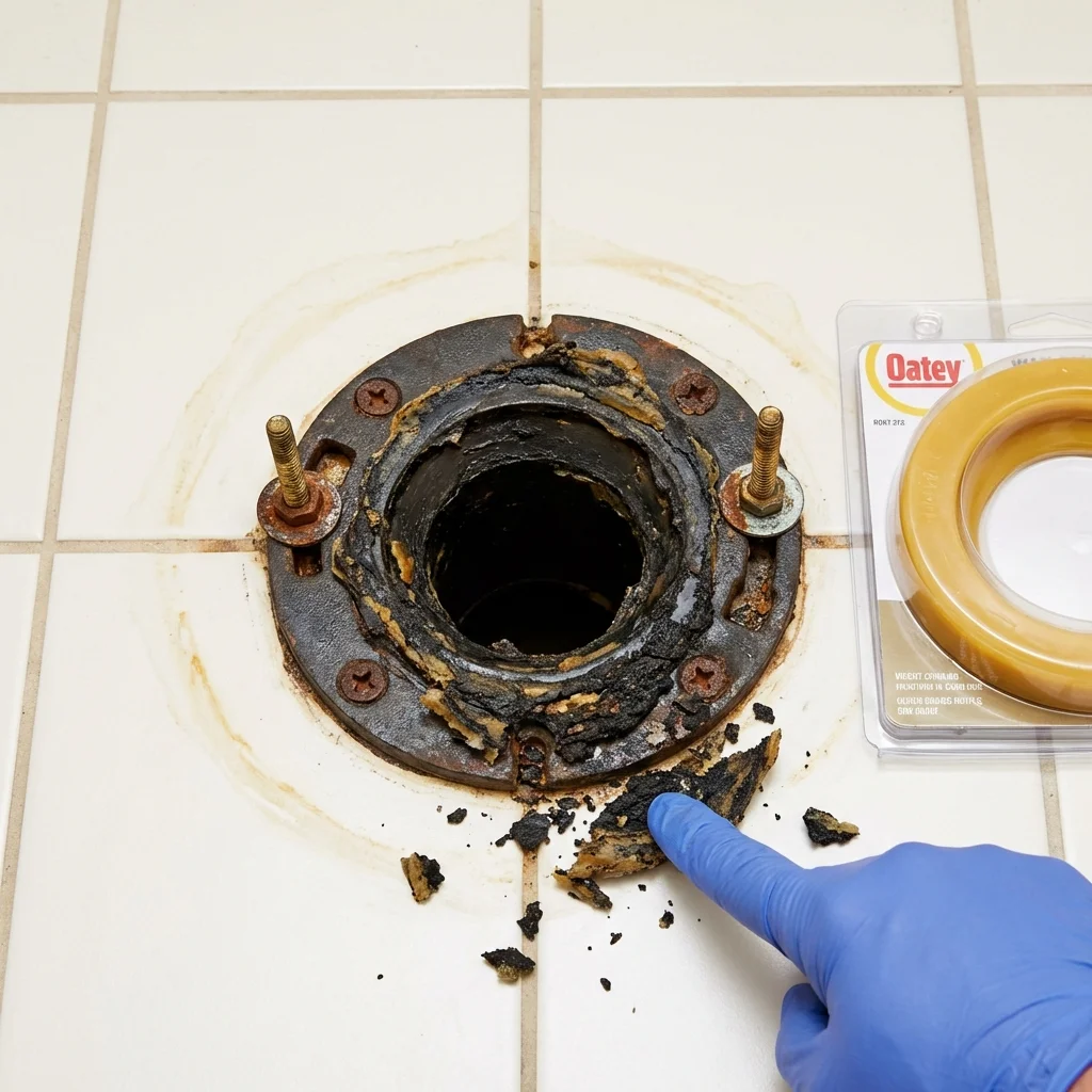 Failed wax ring showing water seepage at the base of a toilet in a Chicopee, MA home