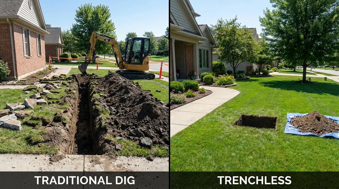 Trenchless sewer repair with minimal yard damage versus traditional excavation in Chicopee, MA